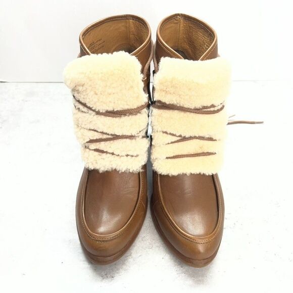 UGG Chestnut Analise Exposed Fur Leather Stacked Heel Ankle Boots Womens 7.5 - Picture 4 of 10